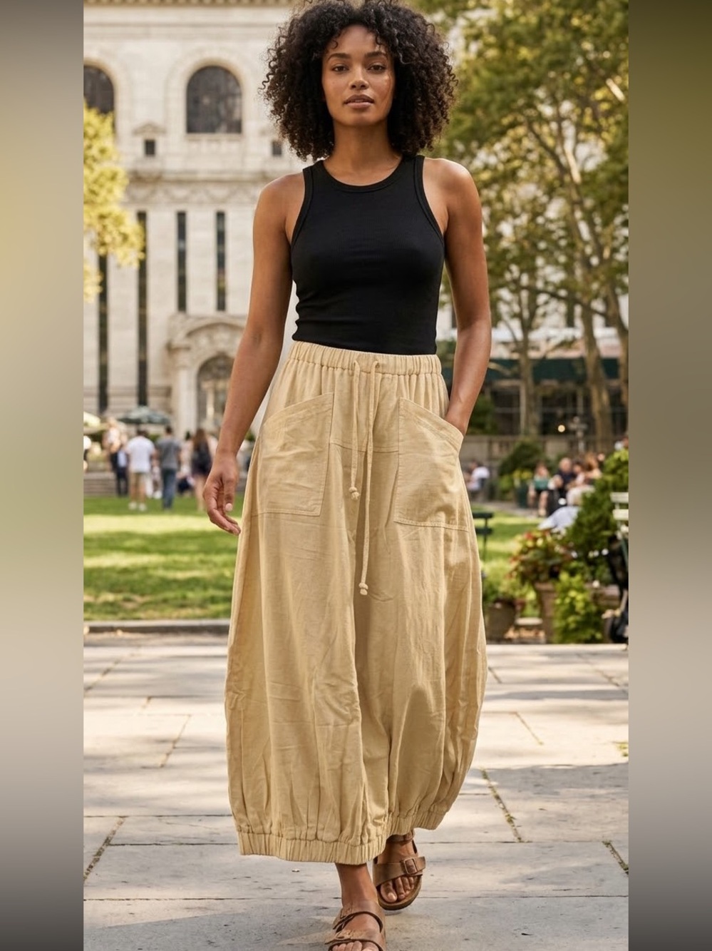Miou Muse Boho Elastic-Waist Maxi Skirt with Drawstring Pockets - beige